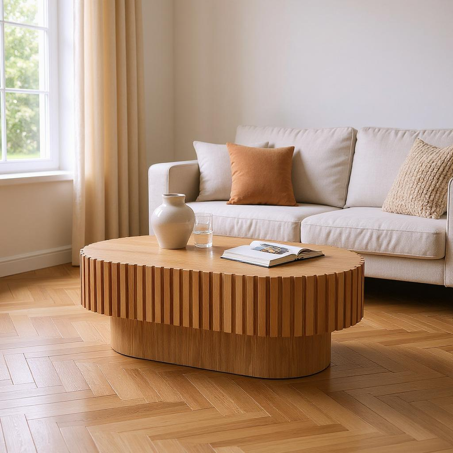 Modena 43.7" Oval Wooden Handcraft Drum Oval Coffee Table