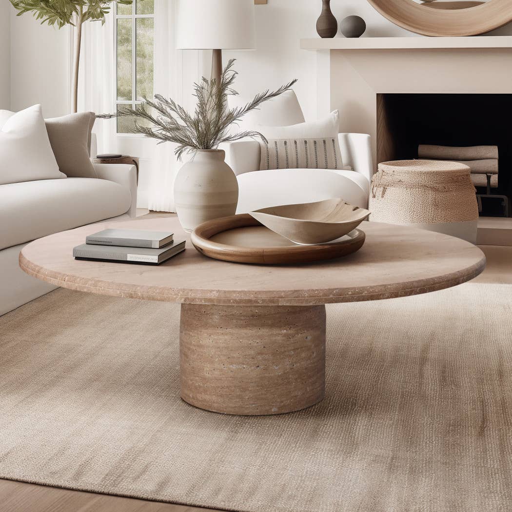 Stone Wood Modern Casual Round Coffee Table - Ivory, 16 in.