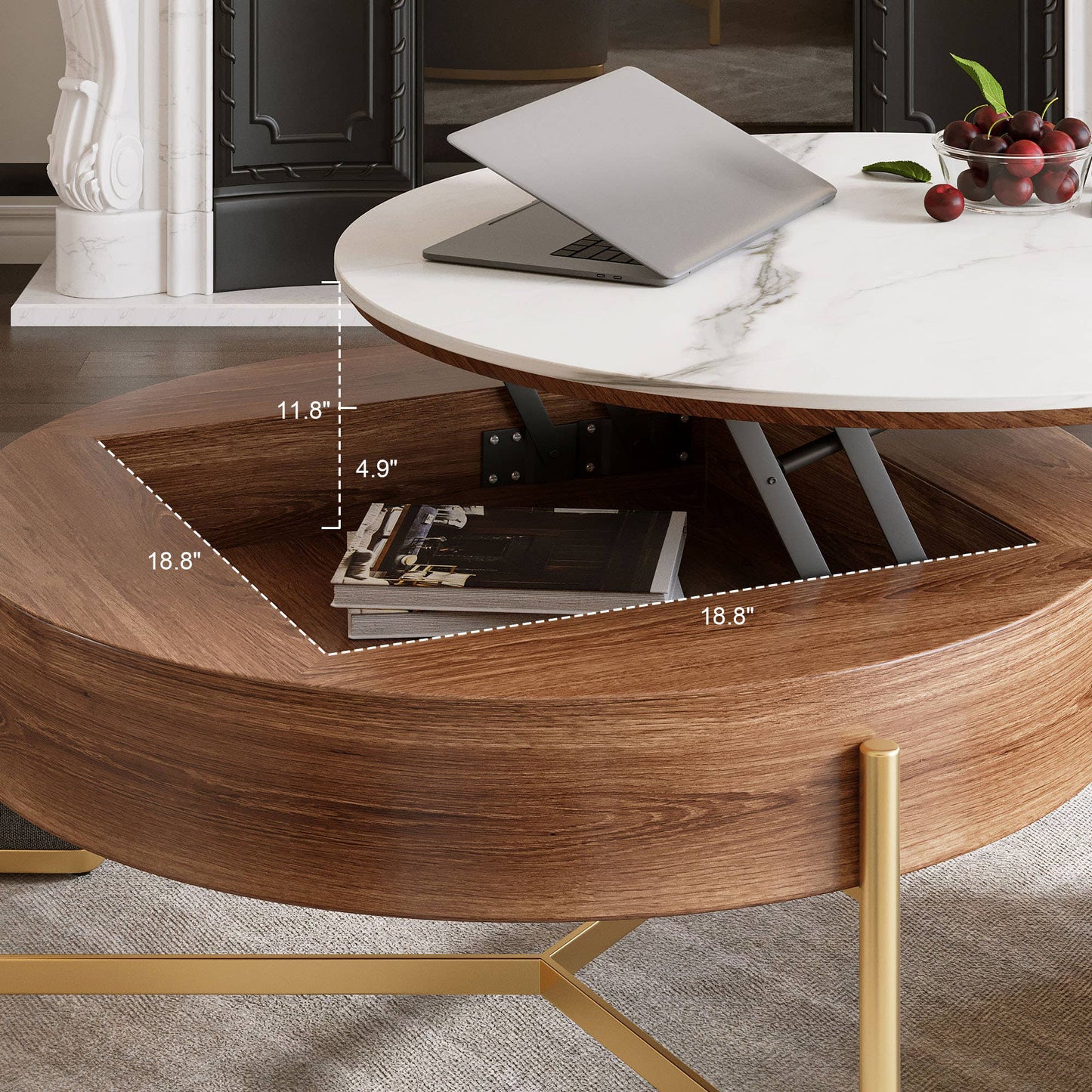 Lift Top Coffee Table with 3 Nesting Walnut Ottomans