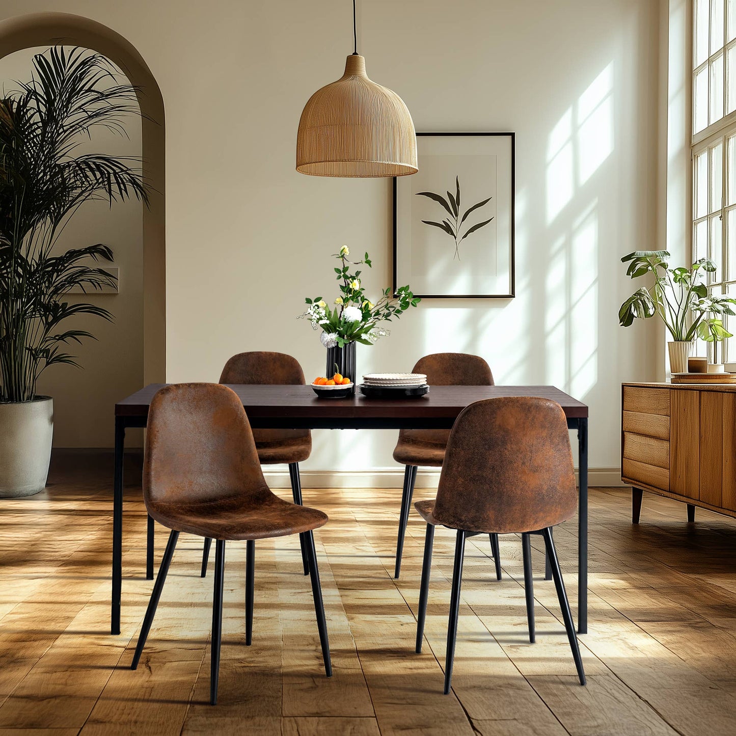 Distressed Brown Faux Suede Dining Chair Black Metal Legs